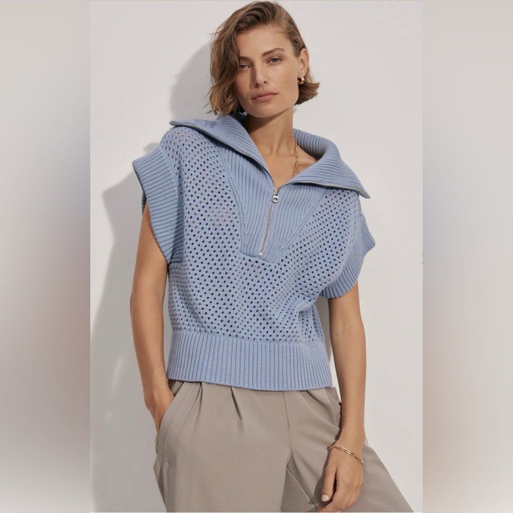 Varley Powder Blue Perforated Zip-Collar Knit Top